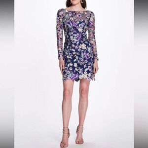MARCHESA NOTTE Illusion Floral Mini Dress